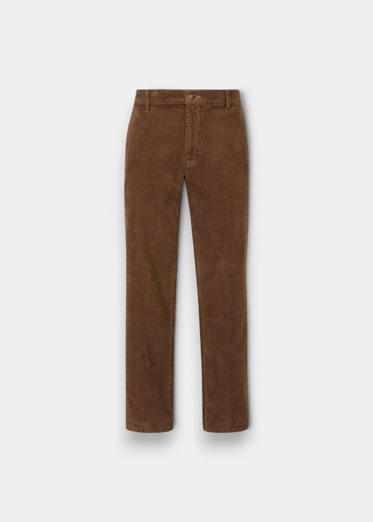 Alan Paine men's taupe corduroy trousers featuring a button fly and classic straight-leg fit in cotton stretch fabric.