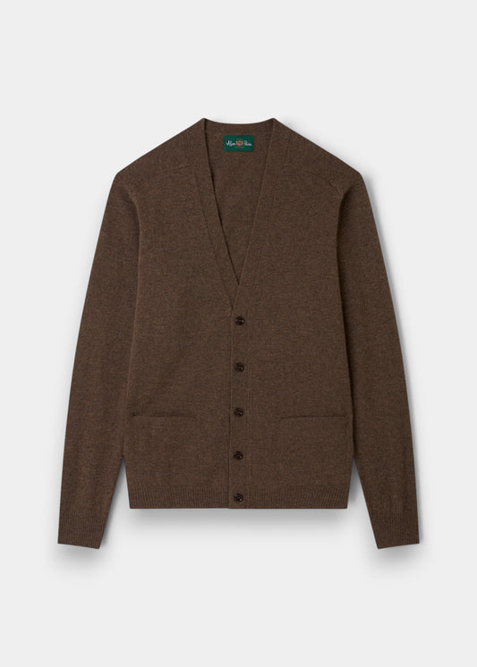 Alan Paine tobacco brown lambswool cardigan with a V-neck, five-button front, and two jetted pockets.