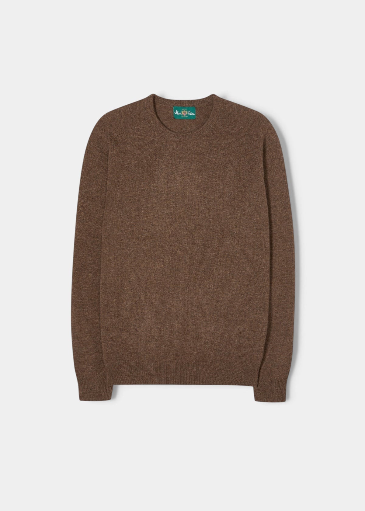 Alan Paine Lenzie men's tobacco brown crew neck jumper in soft 100% lambswool with saddle shoulder detailing.
