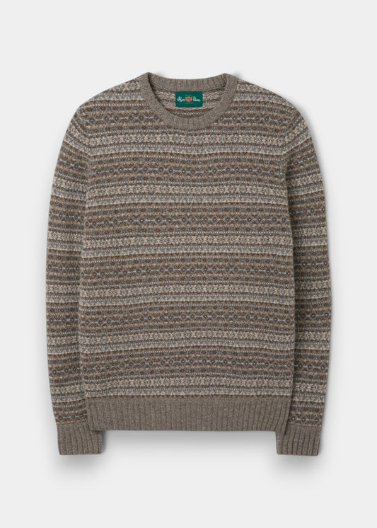 Alan Paine Towthorpe men's lambswool jumper in vole featuring a traditional Fair Isle pattern and ribbed trim.