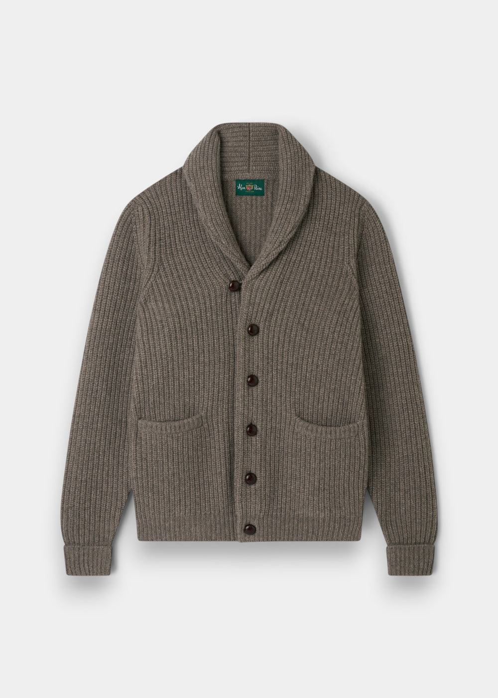 Alan Paine Usworth men's vole brown lambswool shawl collar cardigan with button front and ribbed knit texture