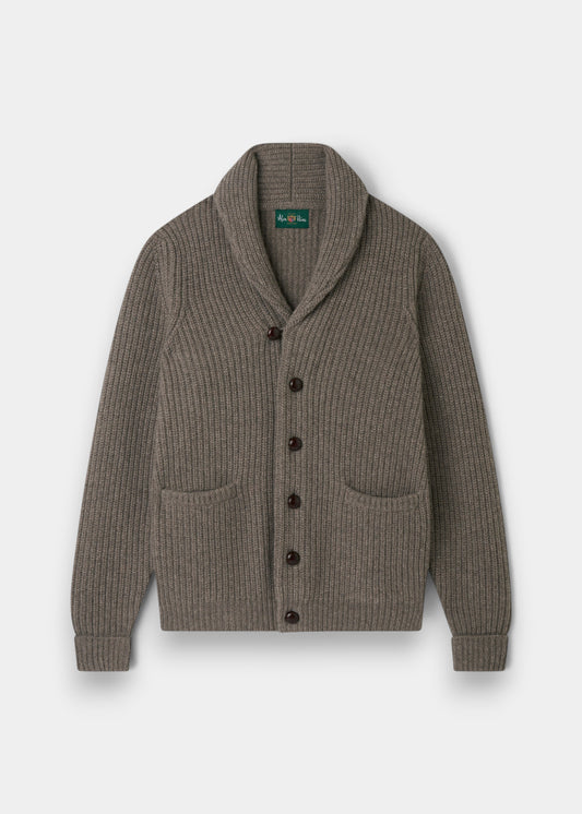 Alan Paine Usworth men's vole brown lambswool shawl collar cardigan with button front and ribbed knit texture