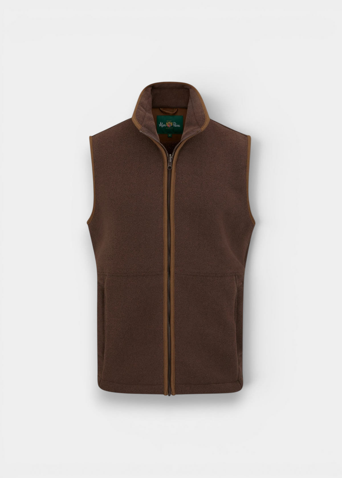 Alan Paine Aylsham men's fleece gilet in bark brown with mock suede trim and centre front zipper