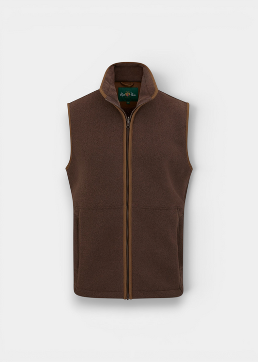 Alan Paine Aylsham men's fleece gilet in bark brown with mock suede trim and centre front zipper