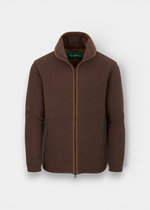 Alan Paine Aylsham men's fleece jacket in bark brown with a front zipper, faux suede collar trim, and regular fit.