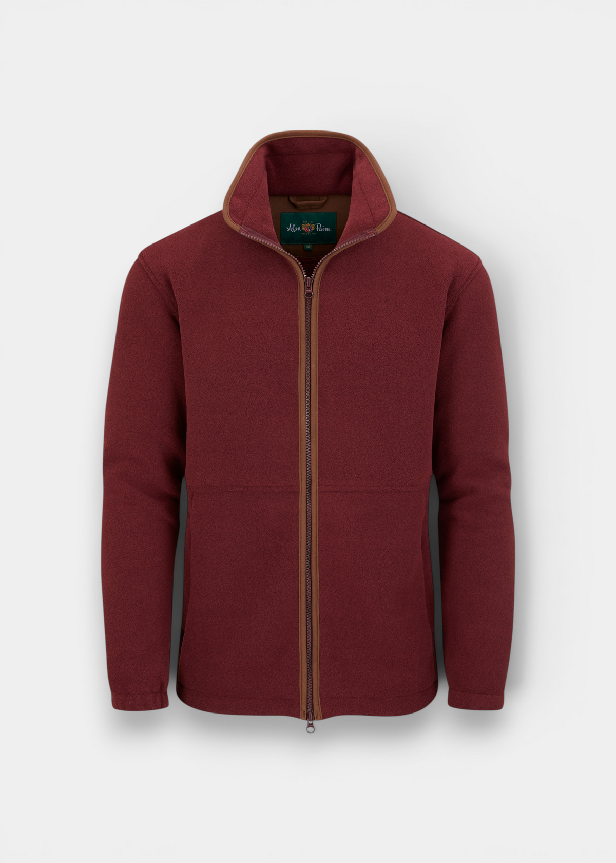Alan Paine Aylsham men's regular fit fleece jacket in bordeaux with faux suede collar and front zip closure.