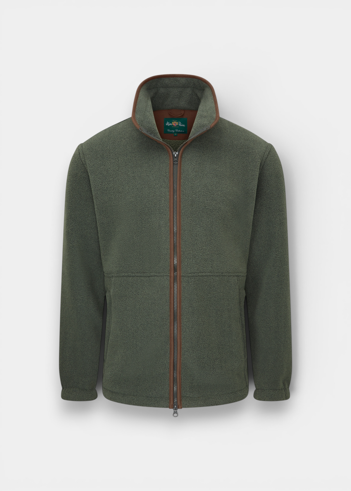 Alan Paine Aylsham men's fleece jacket in cedar green with a front zipper, faux suede collar trim, and zipped pockets.