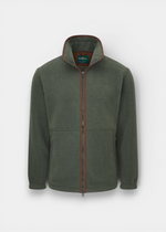 Alan Paine Aylsham men's fleece jacket in cedar green with a front zipper, faux suede collar trim, and zipped pockets.
