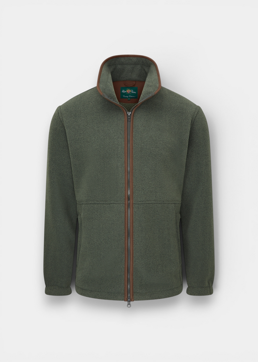 Alan Paine Aylsham men's fleece jacket in cedar green with a front zipper, faux suede collar trim, and zipped pockets.
