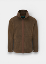 Alan Paine Aylsham men's regular fit fleece jacket in pecan brown with a front zipper and faux suede collar trim.