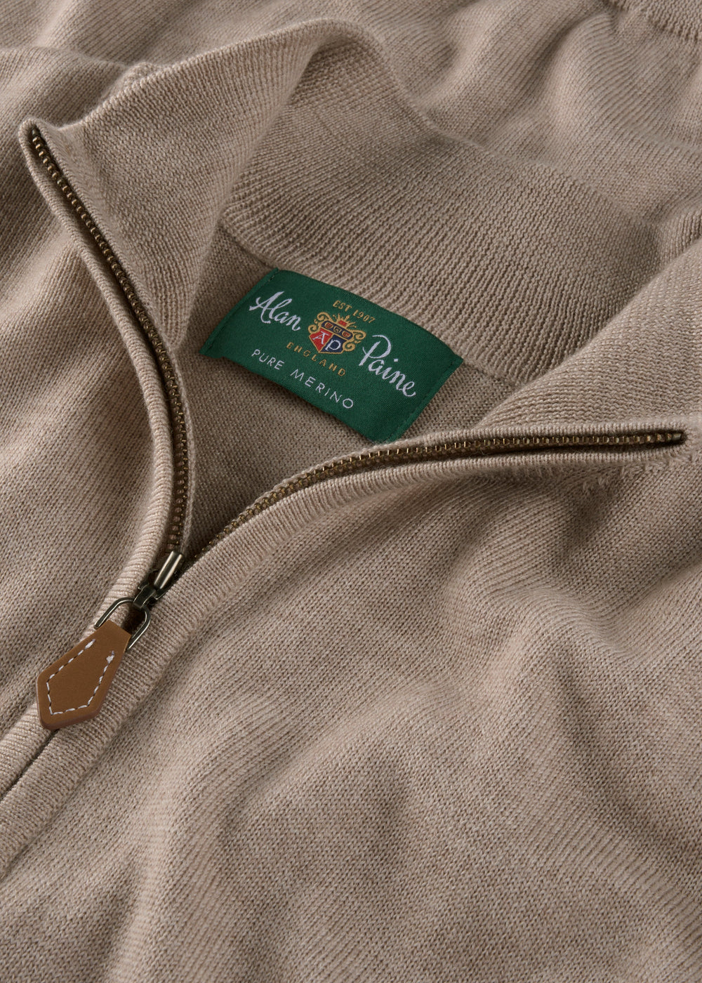 Barton Merino Wool Quarter Zip Jumper in Cobble, regular fit, with green Pure Merino Alan Paine label.