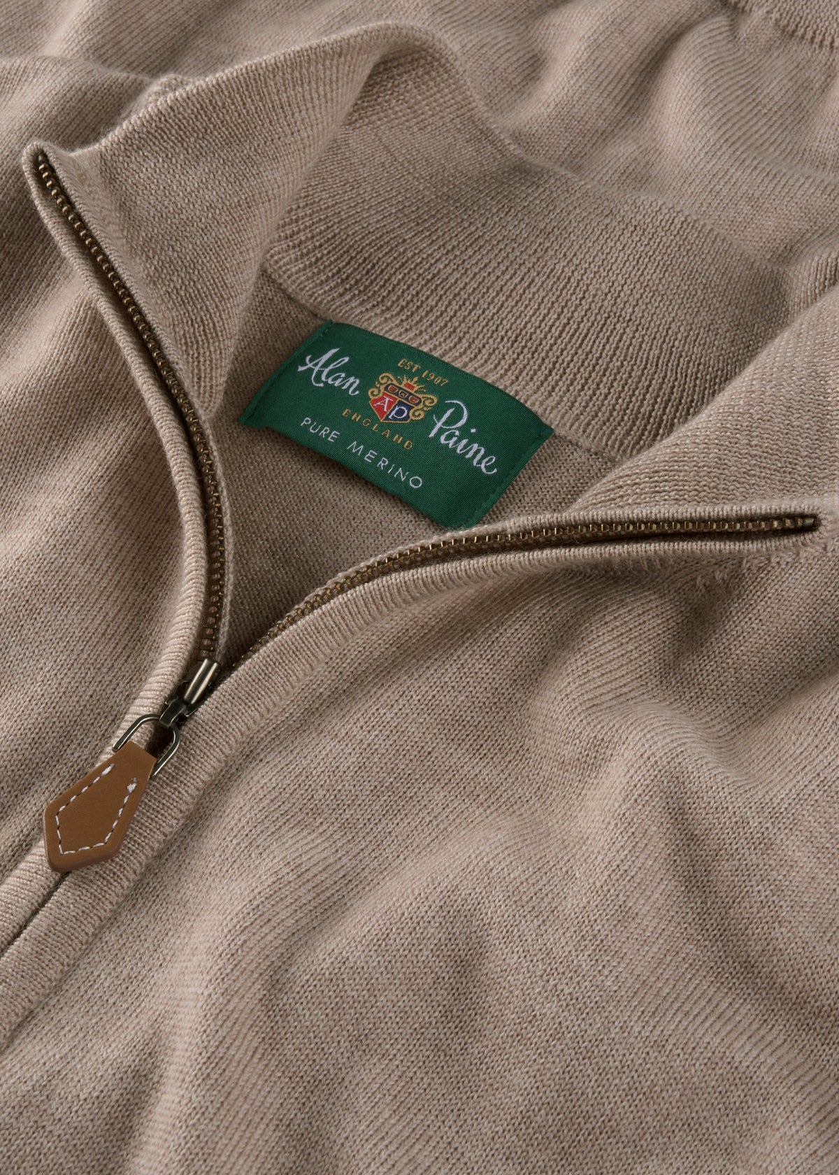 Barton Merino Wool Quarter Zip Jumper in Cobble, regular fit, with green Pure Merino Alan Paine label.