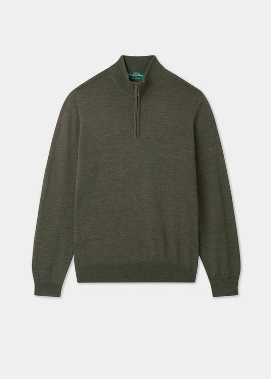 Men's Merino Wool Quarter Zip Neck Jumper in Seaweed