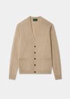 Beige cardigan with button details on a white background
