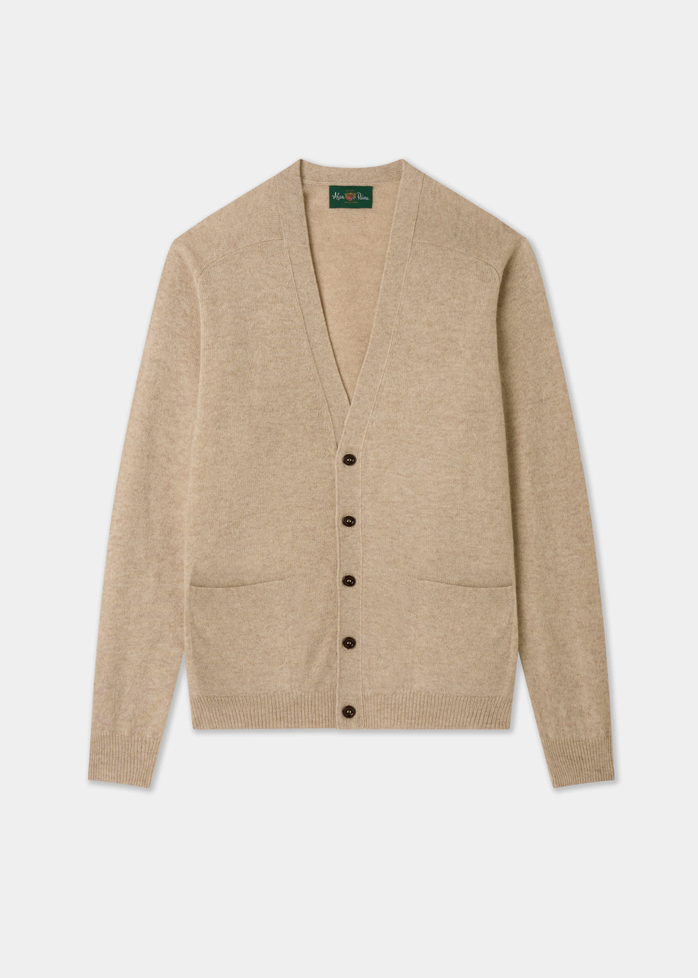 Beige cardigan with button details on a white background