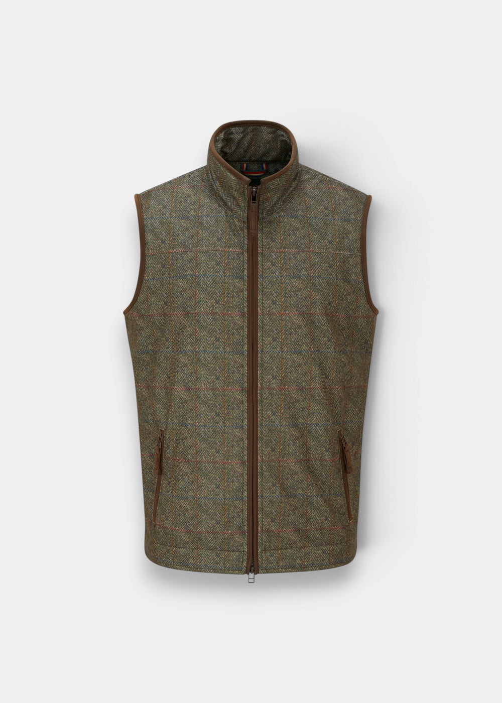 A sleeveless zip-front vest in a textured tweed fabric with a high stand collar, shown on a light gray background.