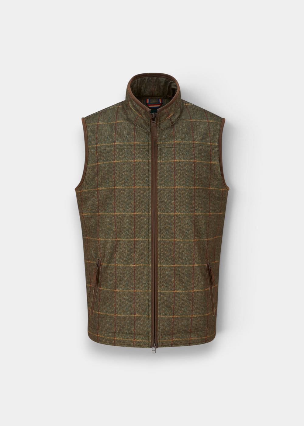 A sleeveless zip-front vest in a brown and olive tweed fabric with a subtle windowpane check pattern, shown against a light gray background.