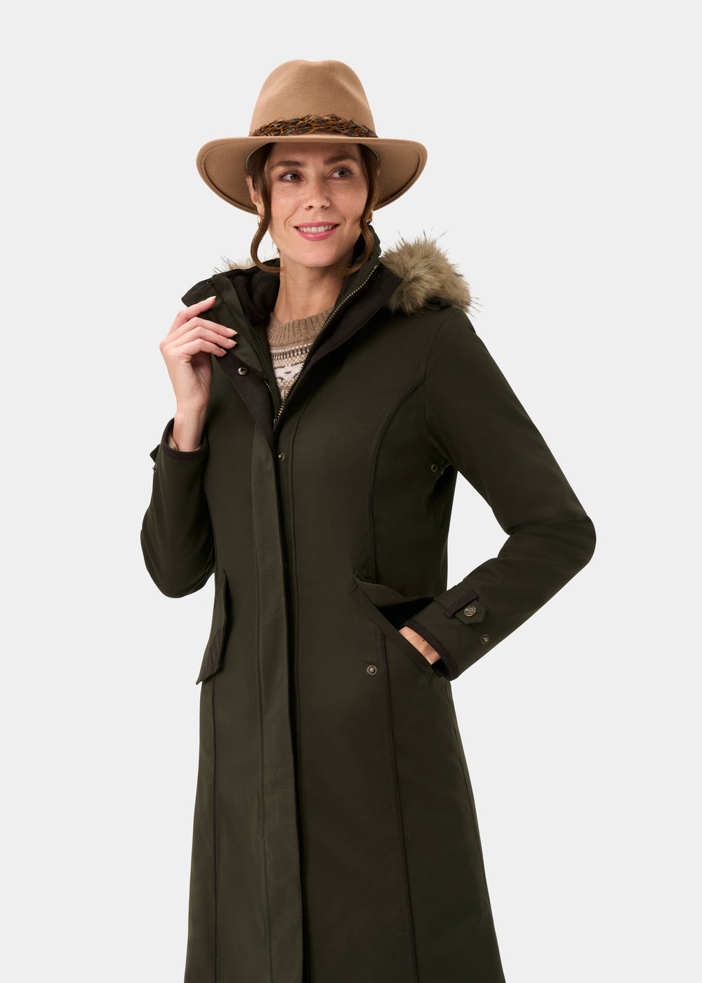 Dunswell Ladies Waterproof Long Coat In Olive - Regular Fit