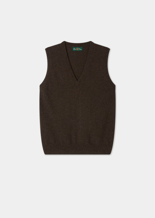 A dark brown knit sweater vest with a V-neckline, displayed flat against a light gray background.