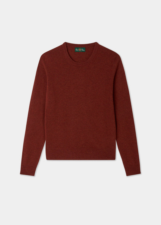 A dark reddish-brown crewneck sweater with long sleeves, laid flat against a light gray background.