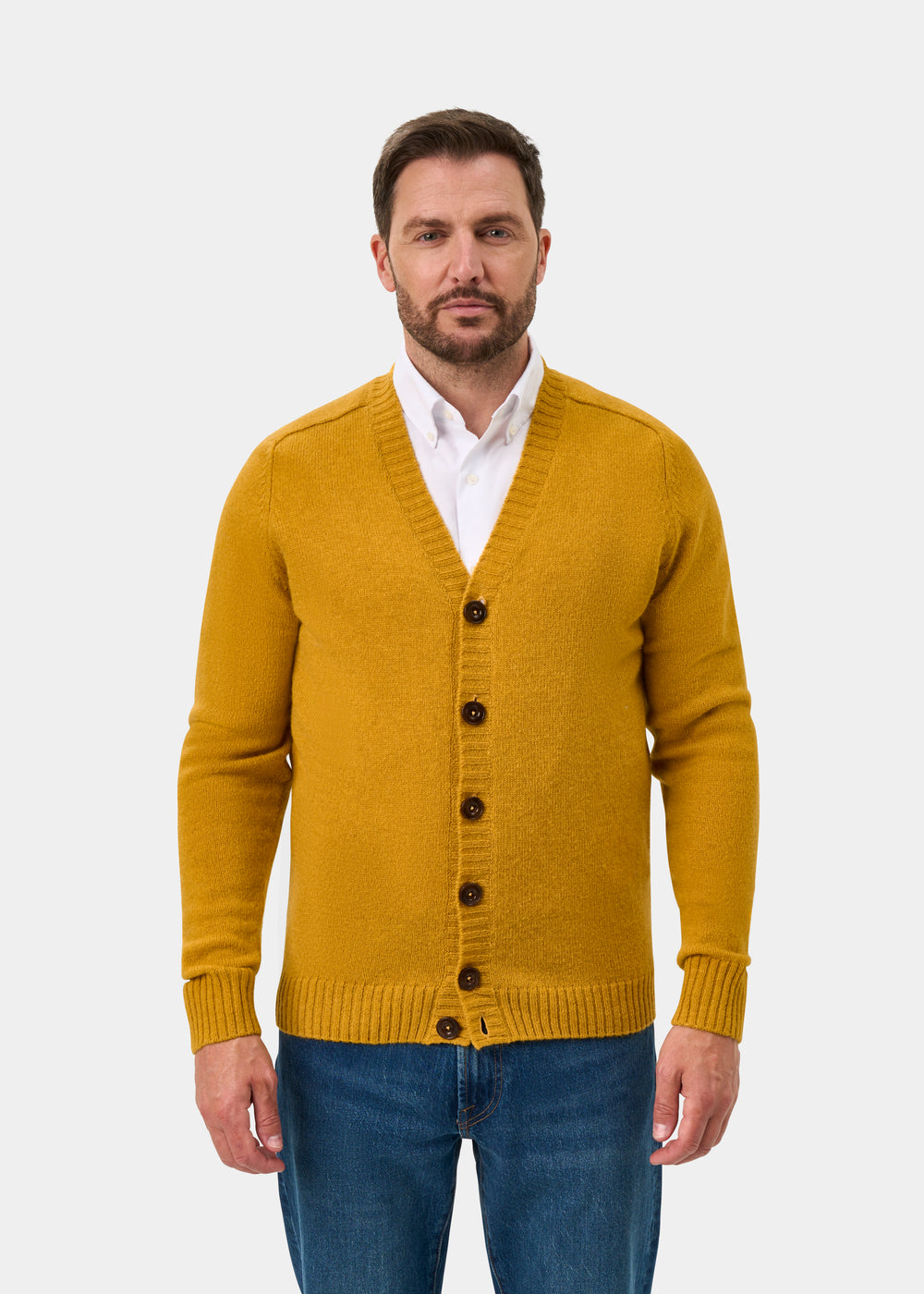 Kinloch Men's Shetland Wool Cardigan in Old Gold