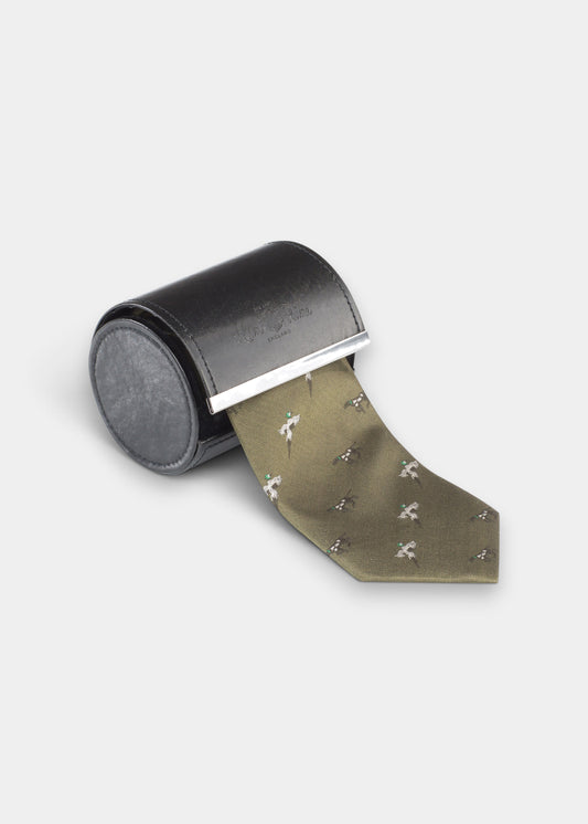 Ripon Silk Country Tie In Olive - Bird & Dog Design