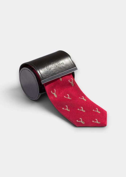 Ripon Silk Country Tie In Red - Deer Design
