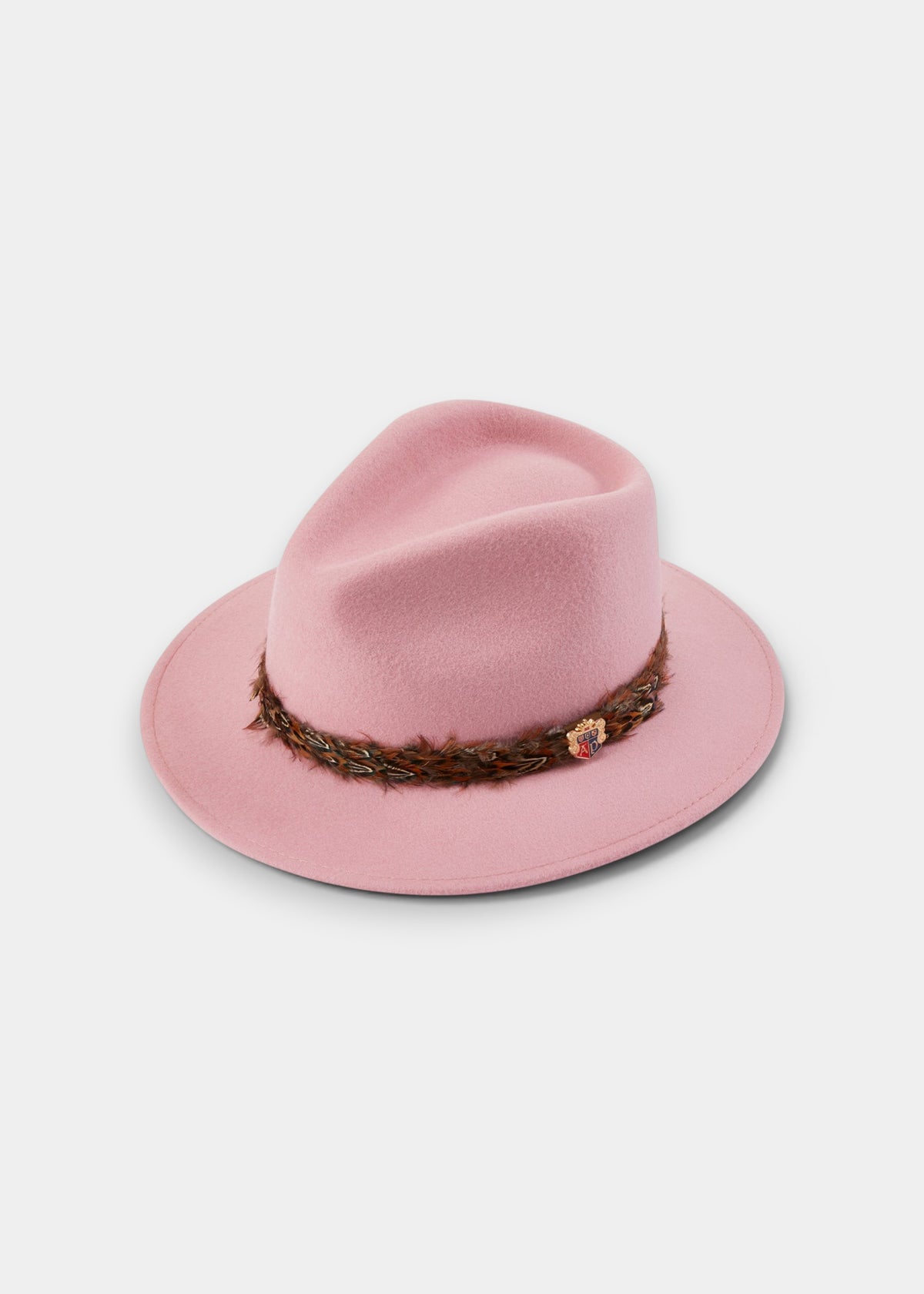 Richmond Ladies Fedora In Pink wool felt with a brown pheasant feather hatband and a small crest pin.