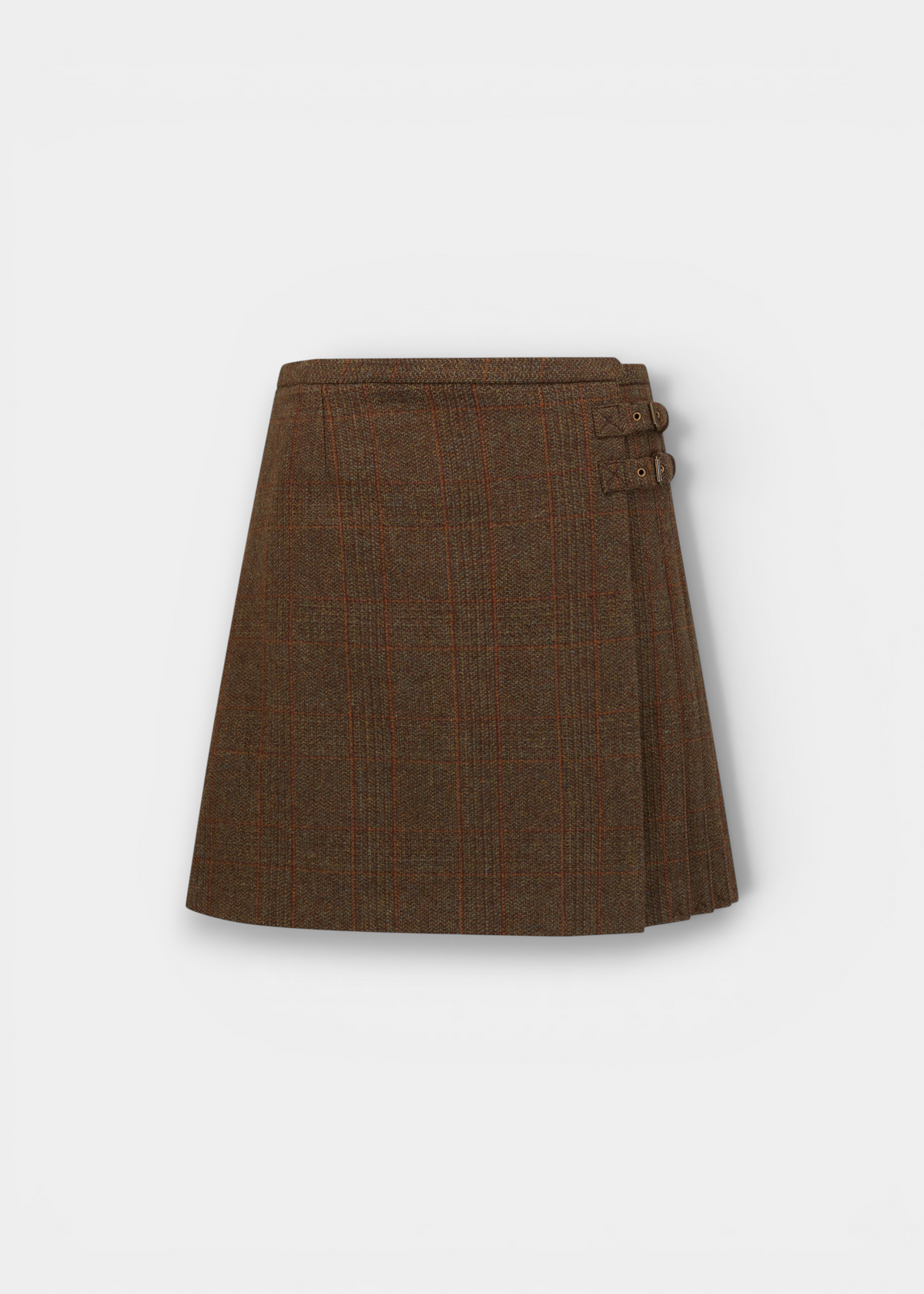 Alan Paine Surrey ladies field maple wool tweed pleated wrap skirt with side buckles and box pleats.