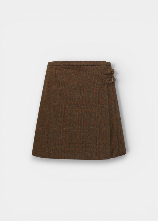Alan Paine Surrey ladies field maple wool tweed pleated wrap skirt with side buckles and box pleats.