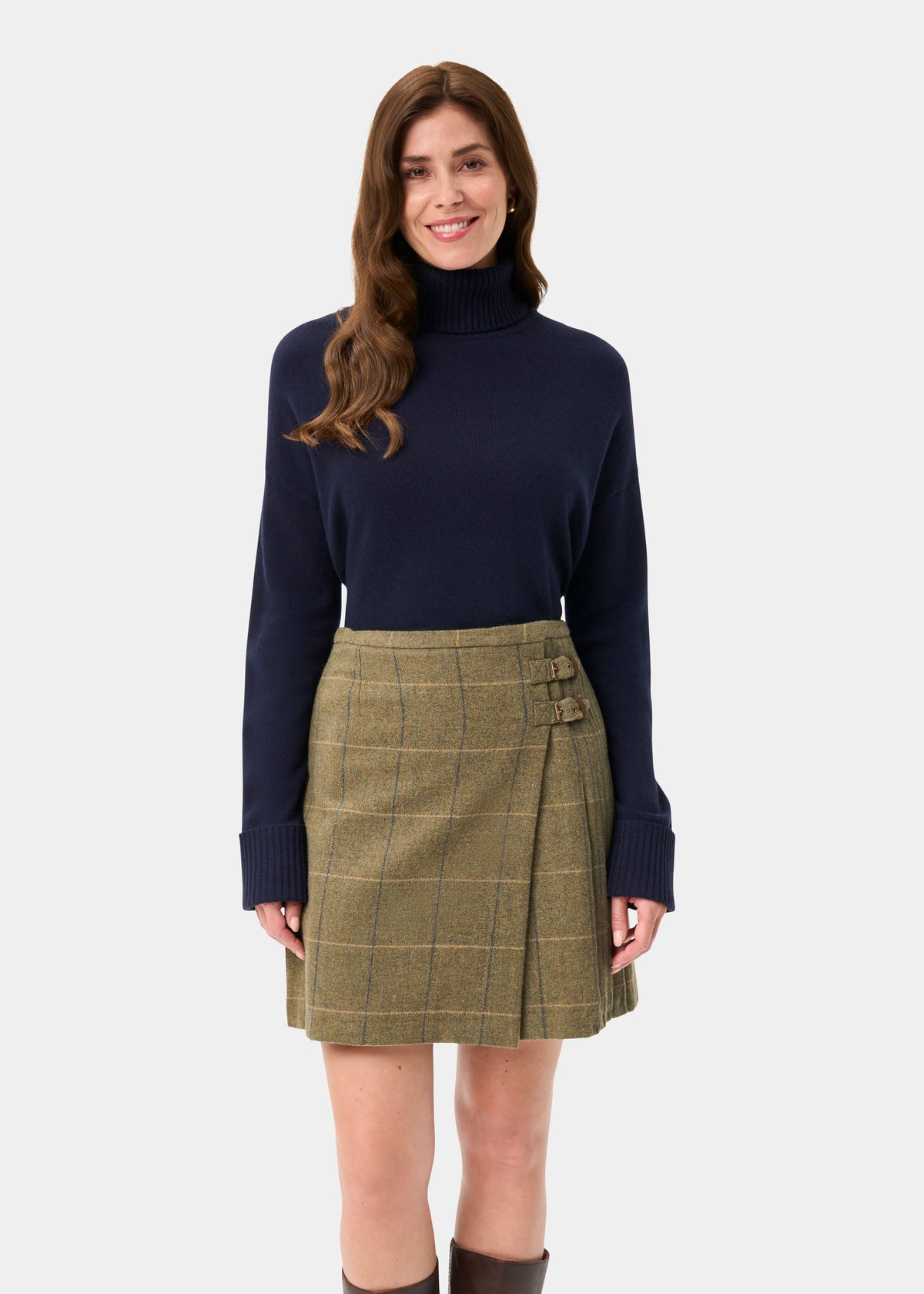 Surrey Ladies Tweed Pleated Wrap Skirt In Lovat Blue - Regular Fit