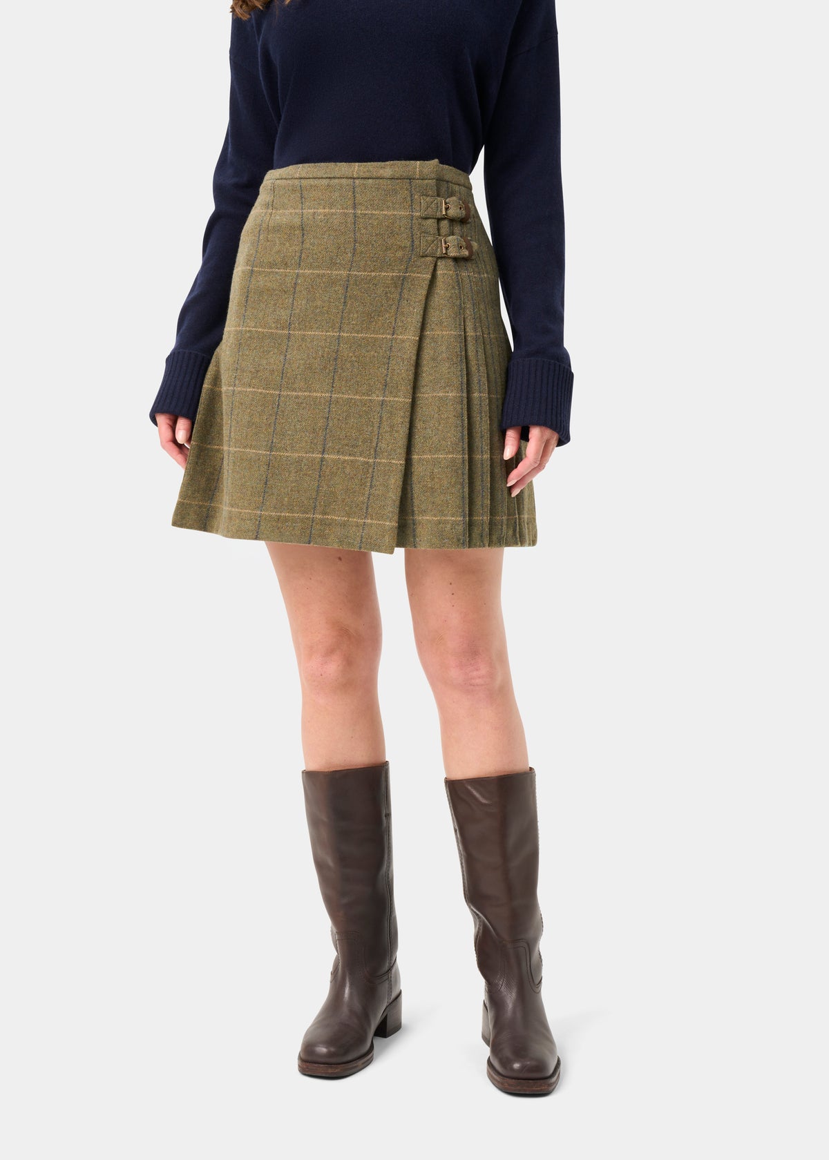Surrey Ladies Tweed Pleated Wrap Skirt In Lovat Blue - Regular Fit