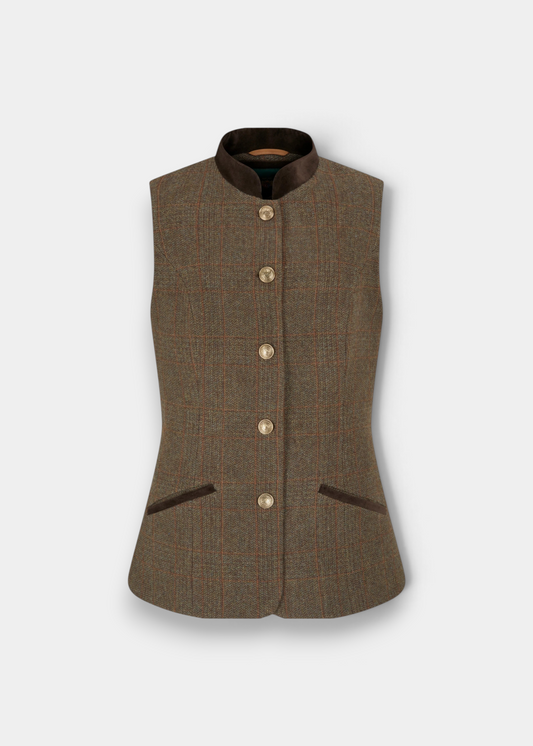 A brown tweed waistcoat vest with a dark brown stand collar, gold-tone buttons, and two front welt pockets, shown against a light gray background.
