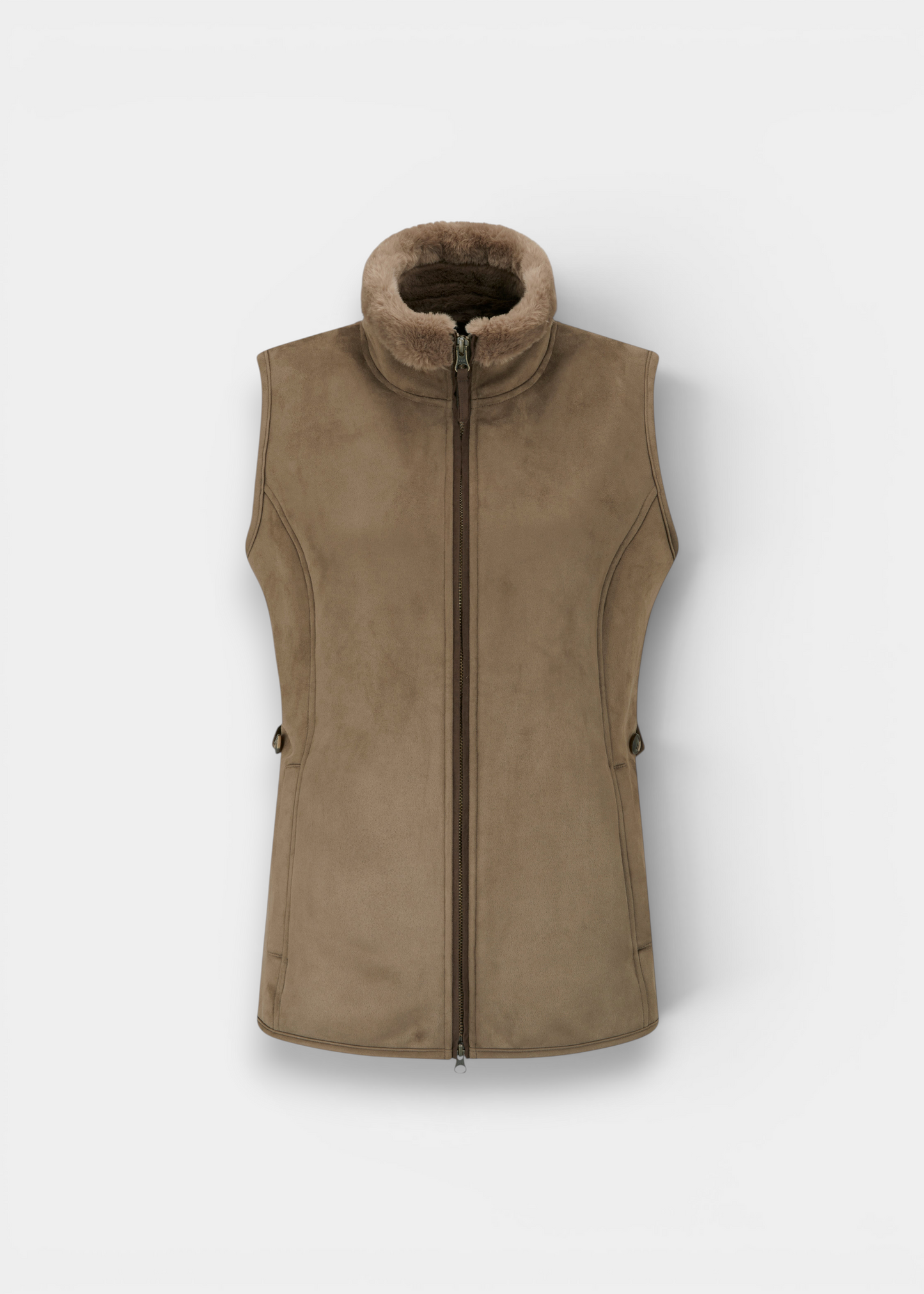 Alan Paine Surrey ladies cocoa water repellent gilet with luxurious faux fur lining and front zip fastening.