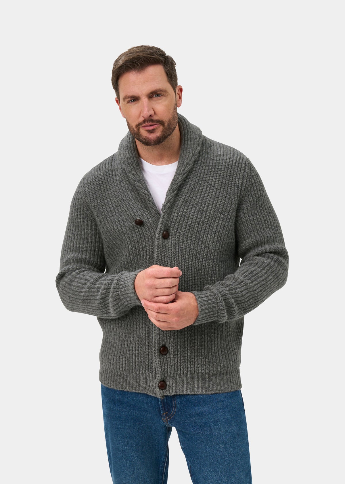 Usworth Lambswool Shawl Collar Jumper In Grey Mix - Regular Fit
