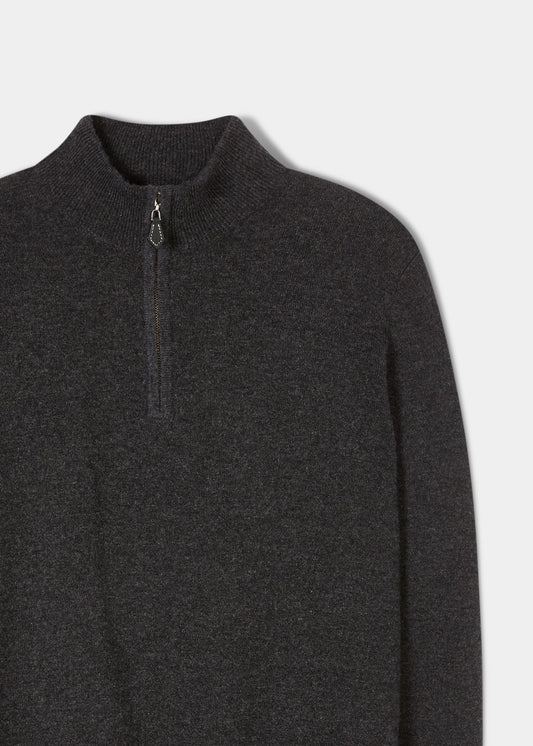 Hanbury Pure Cashmere Quarter Zip Jumper in Charcoal, regular fit, features a 1/4 zip and stand-up collar.