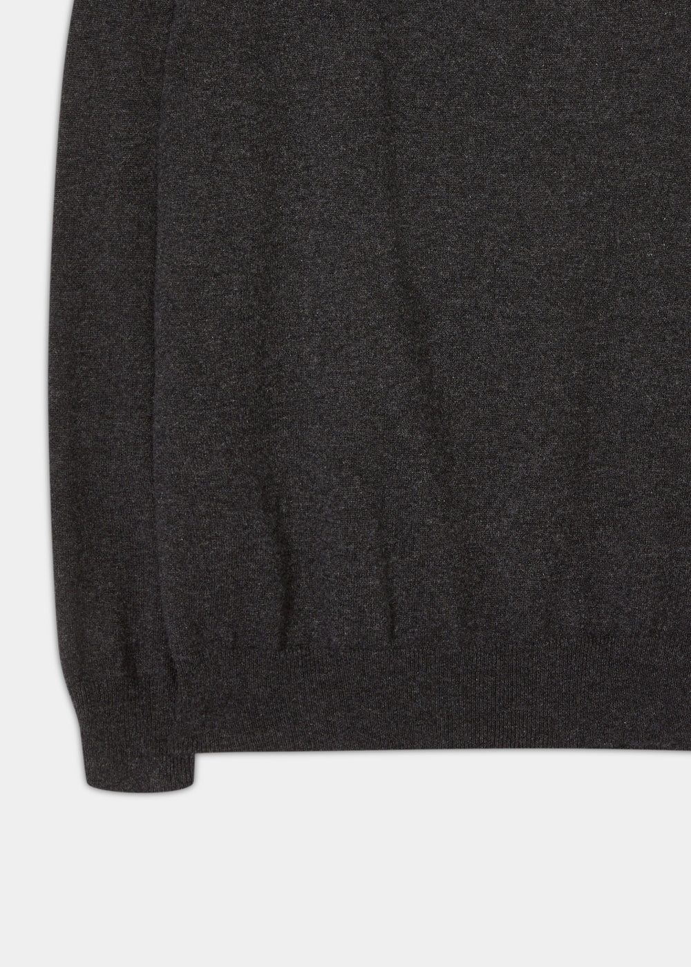 Close-up of Hanbury Pure Cashmere Quarter Zip Jumper in charcoal, featuring ribbed hem, cuffs, and mock neck.