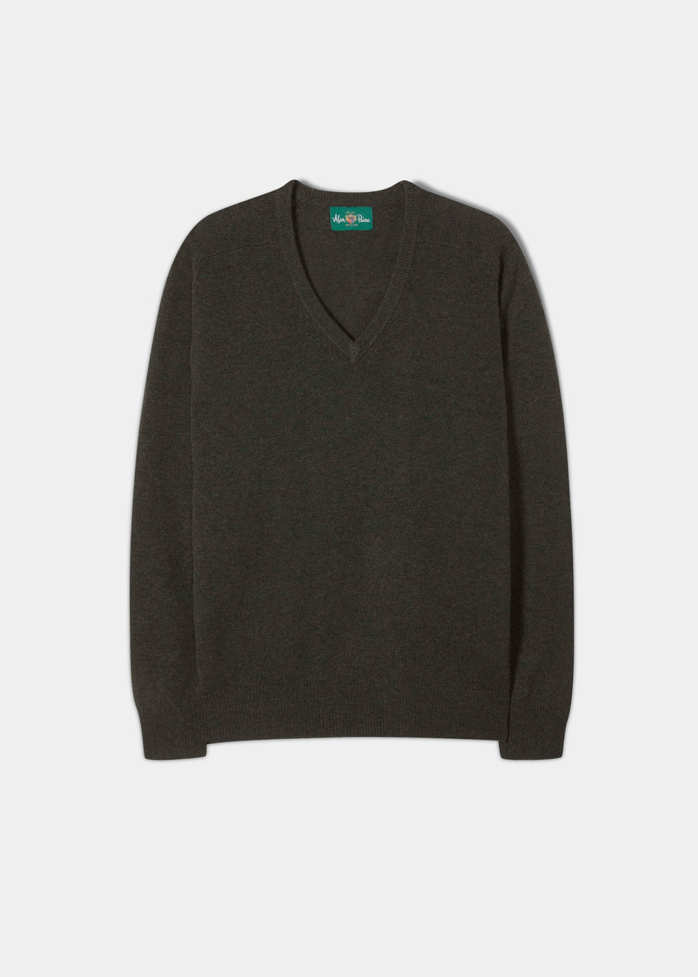 Hampshire Lambswool Vee Neck Jumper in Seaweed, classic fit, long sleeves, shown flat on white background.