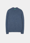 Kinnadie Supersoft Shetland Wool Crew Neck Jumper in Denim—regular fit men’s knitwear, laid flat on white.