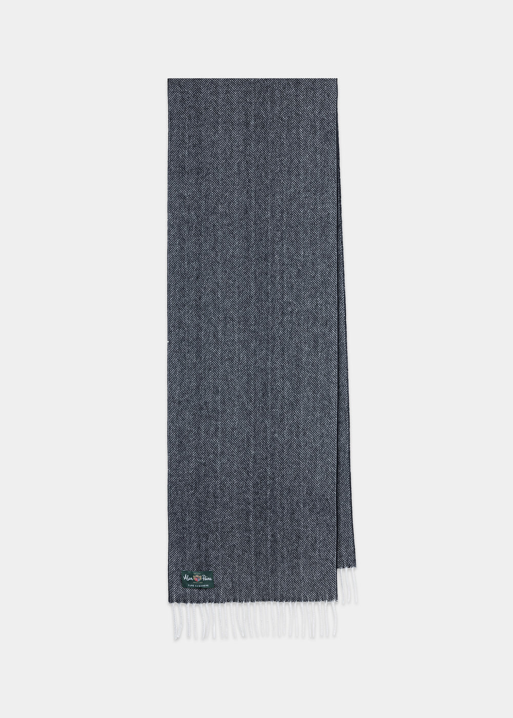 Kinross Cashmere Herringbone Scarf in Charcoal, featuring white fringed ends, shown laid flat on a white background.
