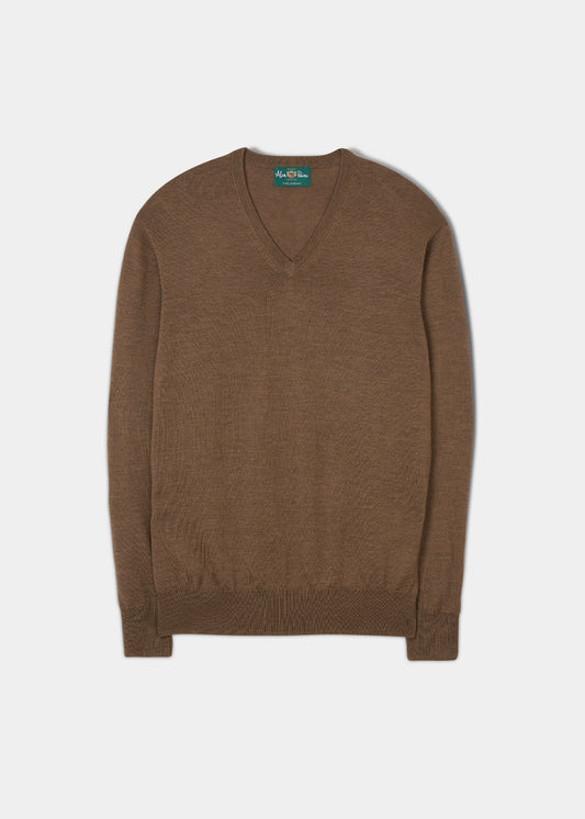 Millbreck Men's Merino Wool V Neck Jumper in Chestnut