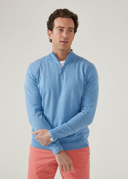 Luxury cotton zip mock neck jumper in carolina blue.