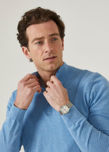 Luxury cotton zip mock neck jumper in carolina blue.