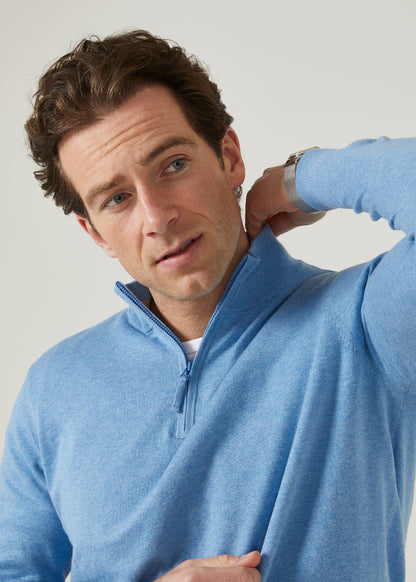 Luxury cotton zip mock neck jumper in carolina blue.